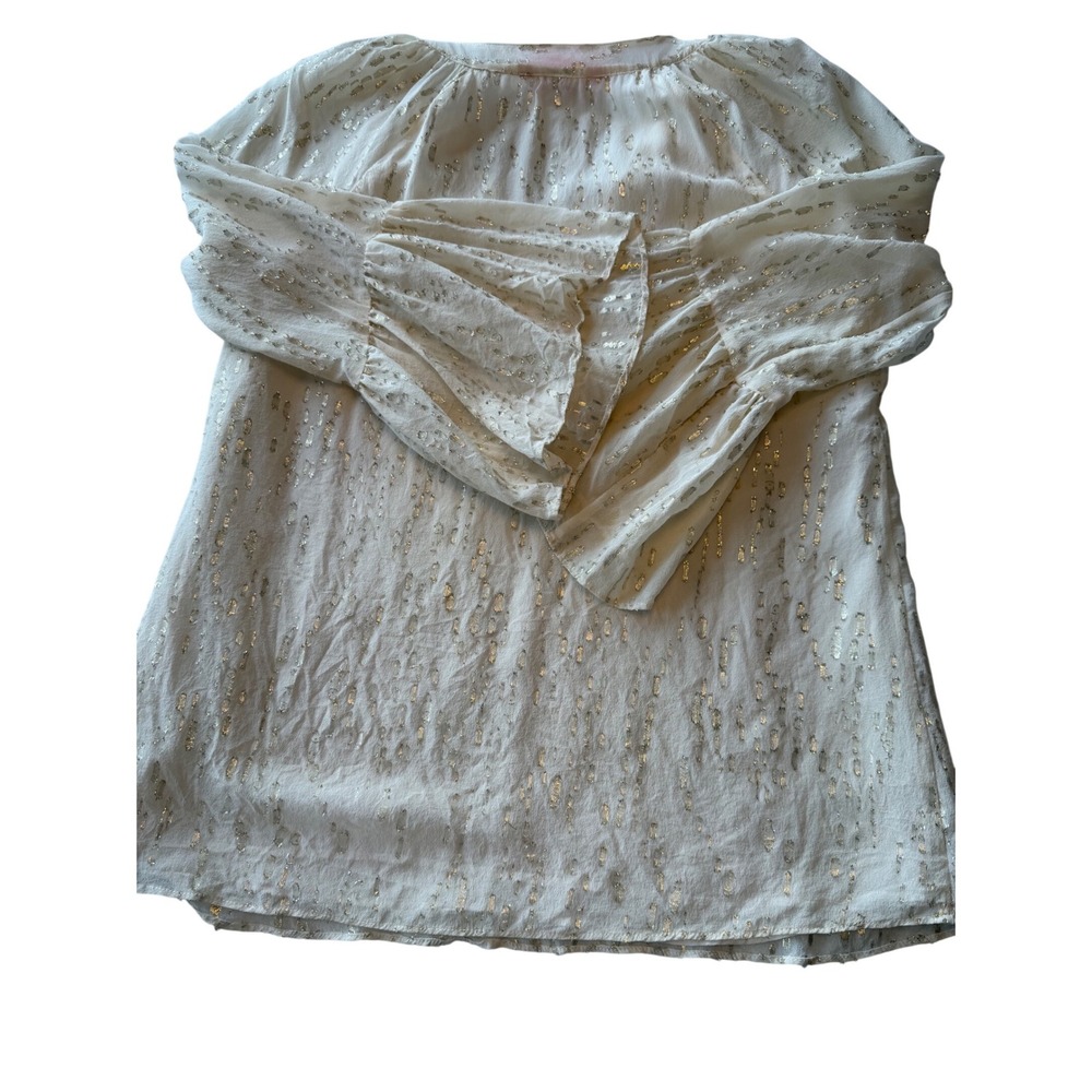 Lilly Pulitzer Silk Gold Metallic Fil Coupe Bell Sleeve Blouse White Small - Picture 8 of 8